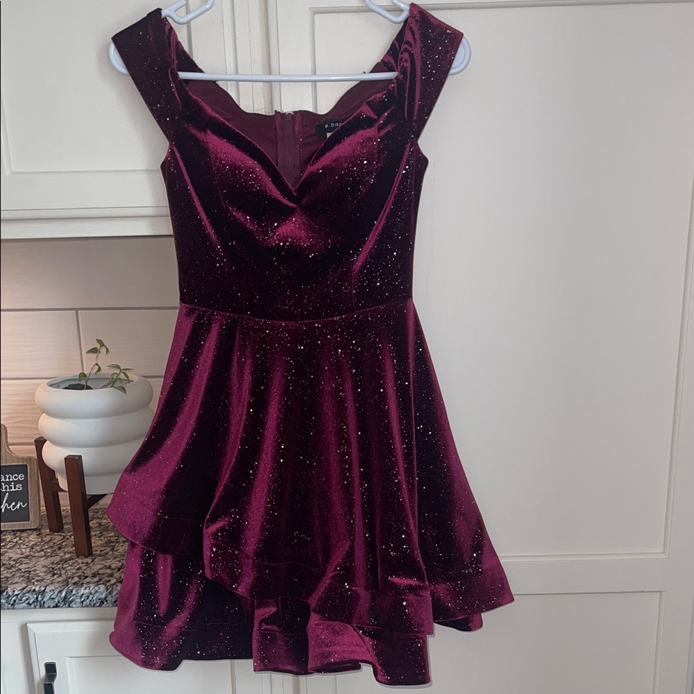 B Darlin Burgundy Velvet Sparkle Off-Shoulder Tiered Midi Dress 1/2